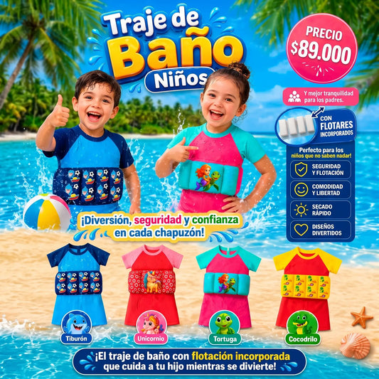 Traje de Baño Infantil con Flotadores Integrados y Gorro