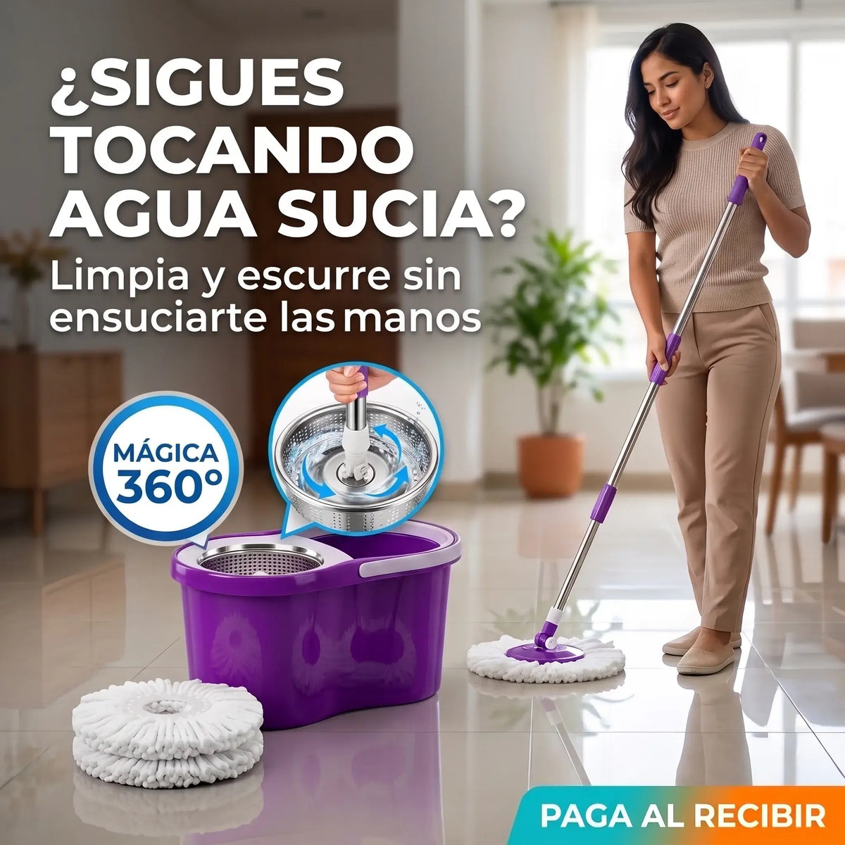 El Trapero Giratorio 360° Grande con 2 Mopas y Estructura Metálica