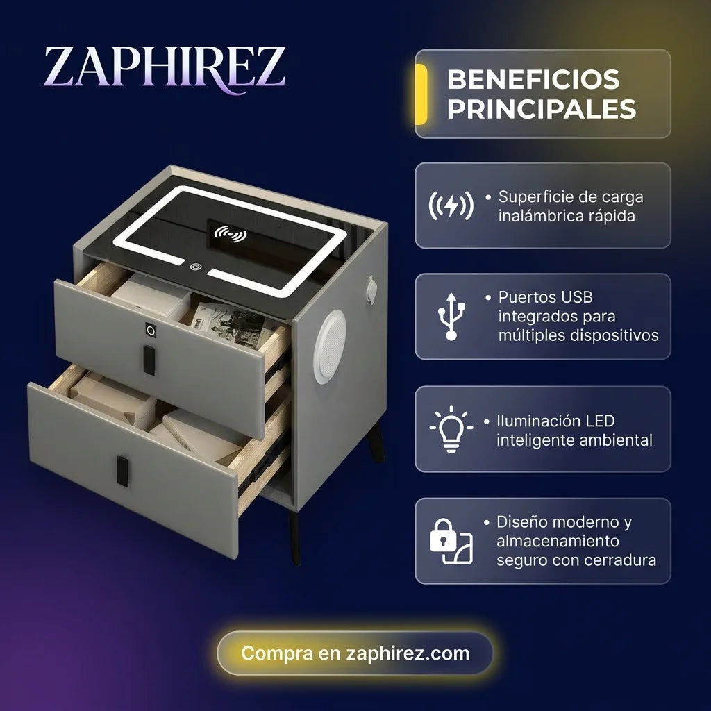 Mesa de Noche Inteligente con Carga Inalámbrica y LED