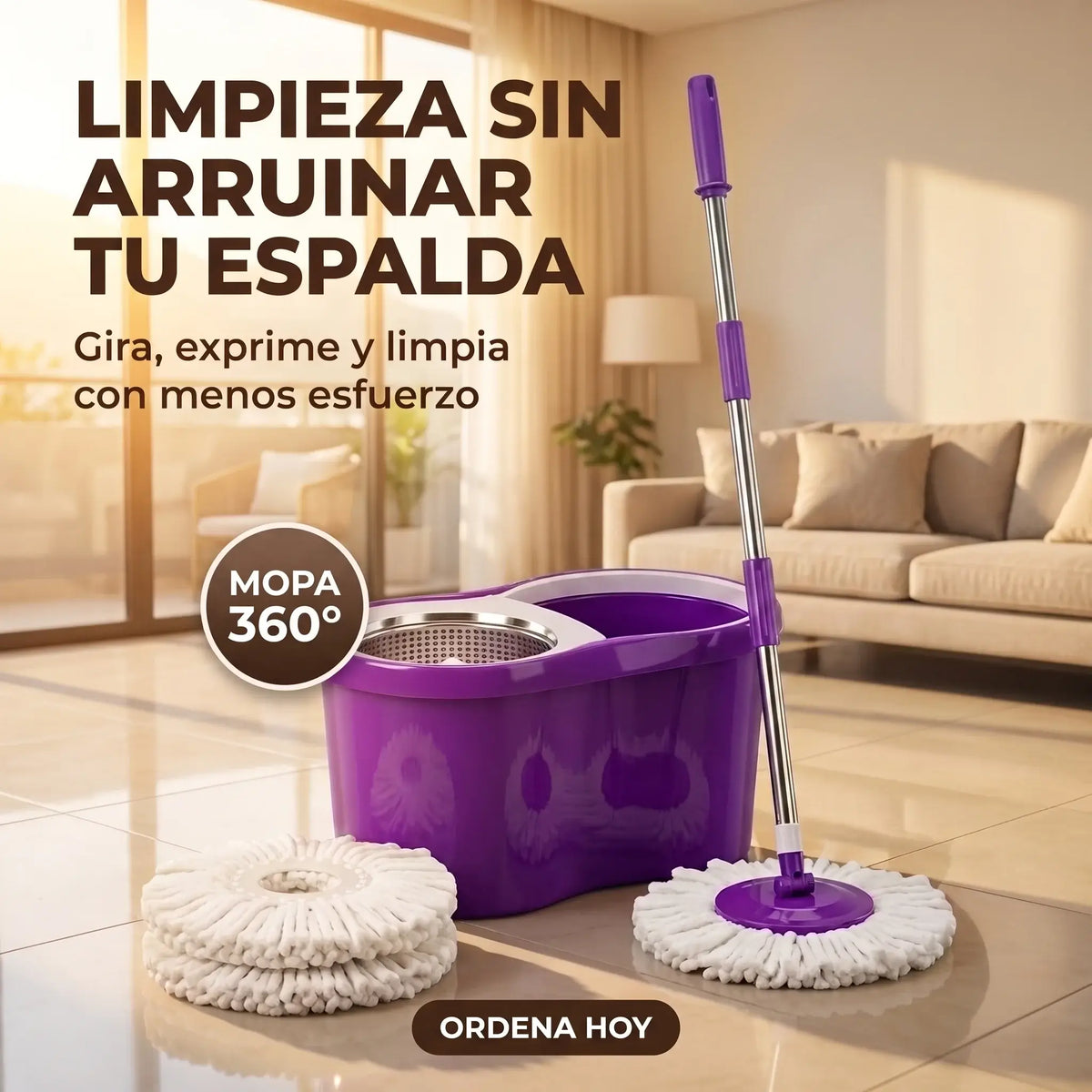 El Trapero Giratorio 360° Grande con 2 Mopas y Estructura Metálica
